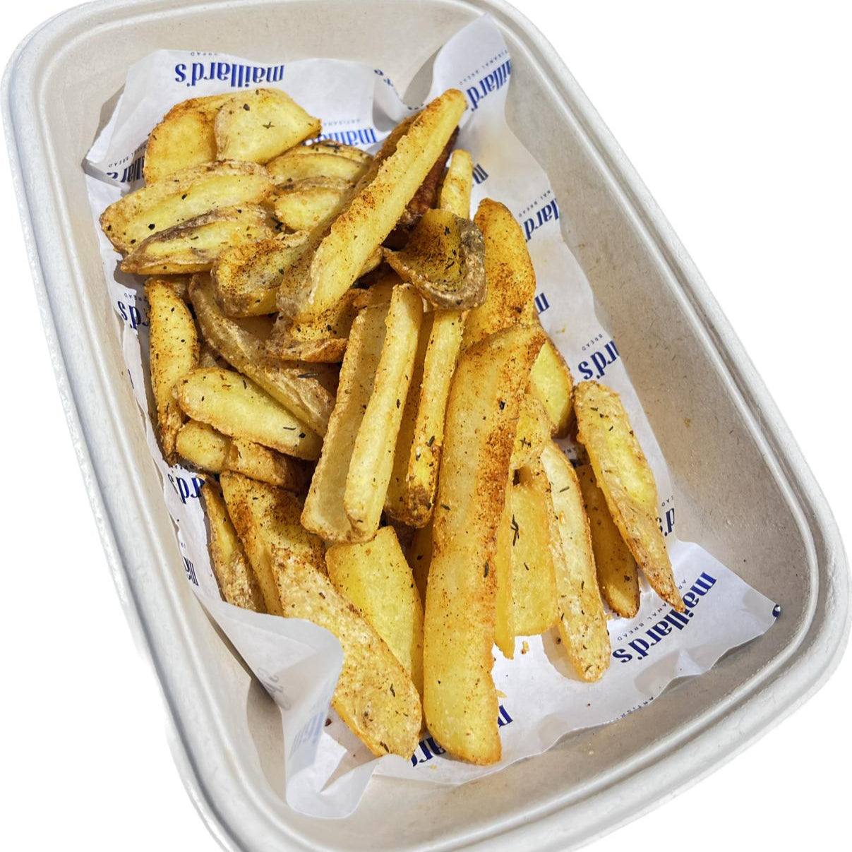 Fries in a container with branded paper on a white background