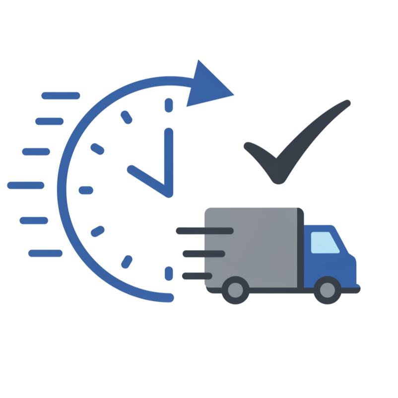 Icon of a clock with a blue arrow, a check mark, and a delivery truck on a white background.