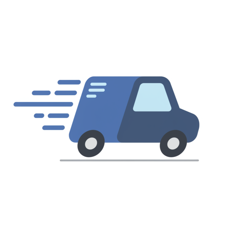 Blue delivery truck icon with speed lines on a white background