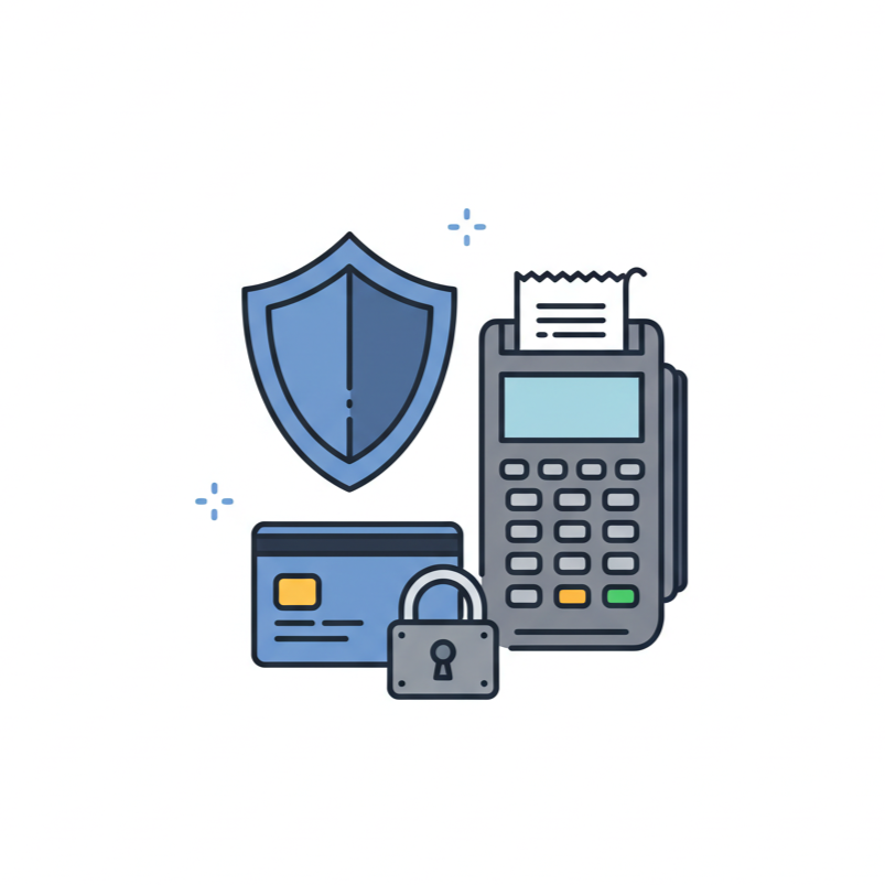 Icon of a shield, credit card, lock, and payment terminal on a white background